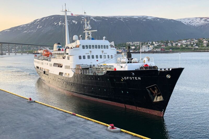 Shortly after midnight: Hurtigruten ship «Lofoten» moored at the quay of Tromsø, Norway.