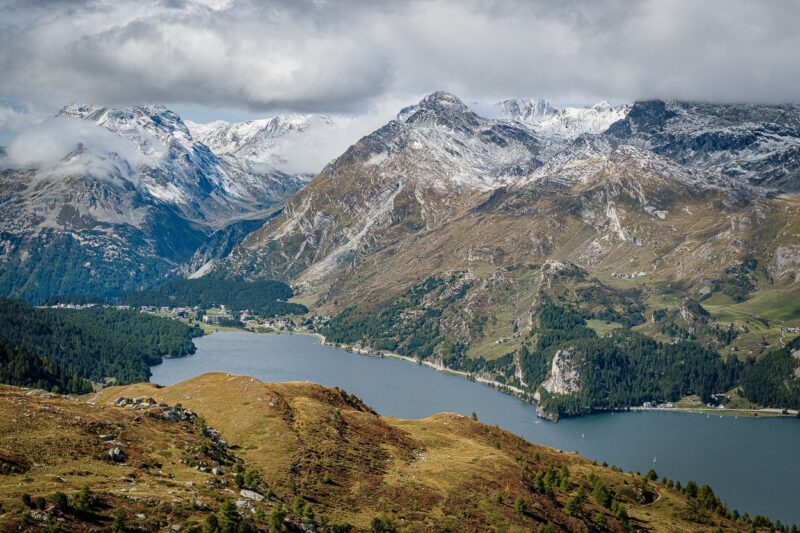 View down to Maloja lake and opposite mountains, Sils-Maria, Engadine, Switzerland